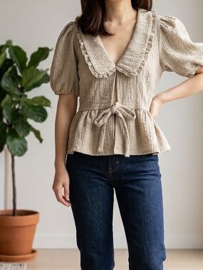 Taes Tie-Front Crinkled Peplum Top